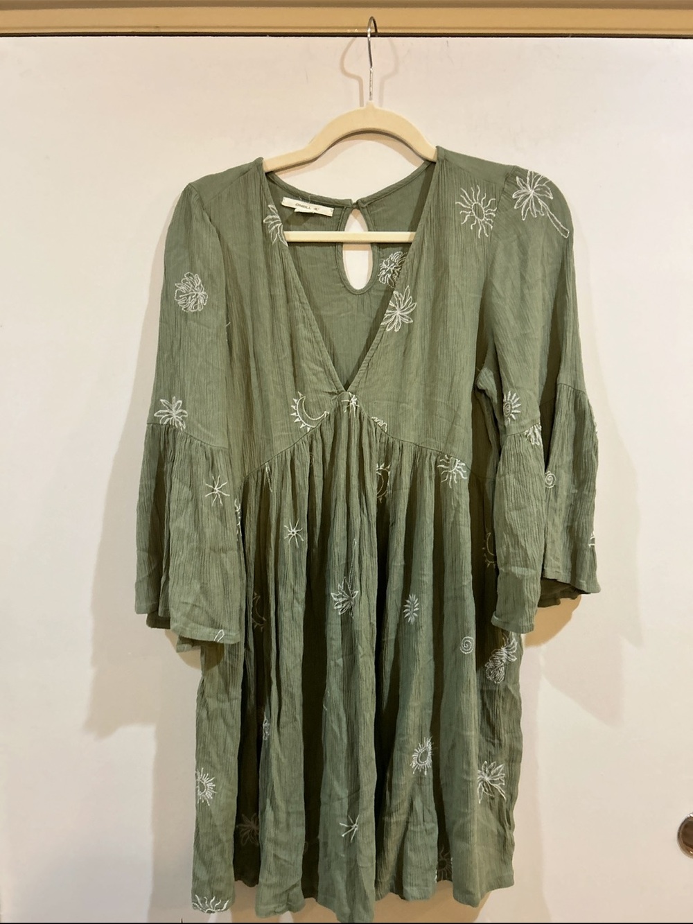 O'Neill Olive Green Embroidered V-Neck Long Sleeve Dress